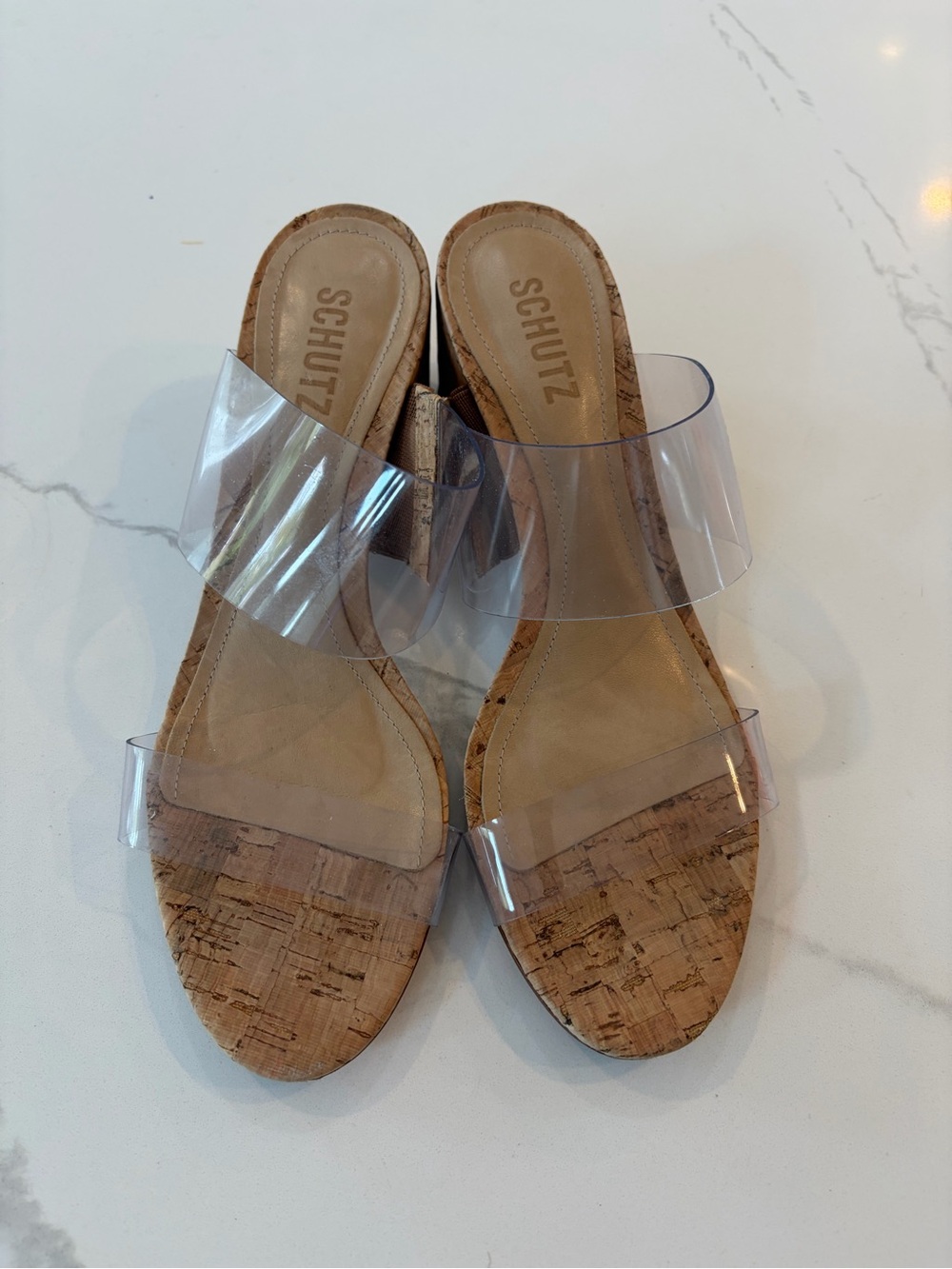 SCHUTZ Clear Strap Cork Slide Sandals - Cork Tan - Size 8.5
